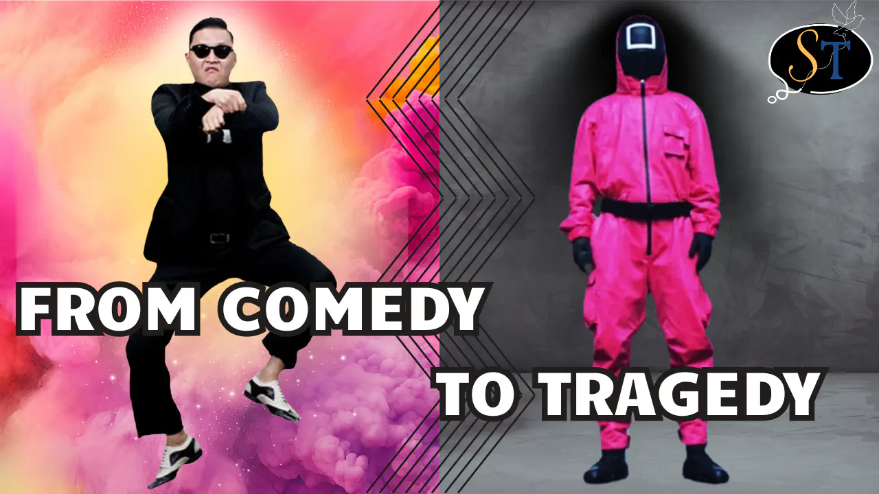 A split-screen image contrasting Psy's energetic 'Gangnam Style' against a colorful background with a grim, masked guard from 'Squid Game' against a grey wall. Text below reads: 'From Comedy to Tragedy'.