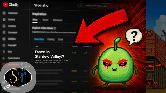 YouTube Studio Inspiration tab interface showing an algorithm-generated title 'Fanon in Stardew Valley?!' with a grotesquely oversized red arrow pointing at a smiling, oblivious Junimo sprite. The thumbnail breaks the fourth wall, caricaturing the very mechanism the essay critiques.
