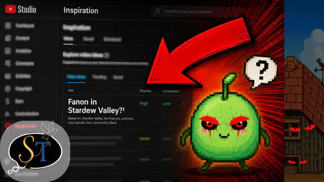 YouTube Studio Inspiration tab interface showing an algorithm-generated title 'Fanon in Stardew Valley?!' with a grotesquely oversized red arrow pointing at a smiling, oblivious Junimo sprite. The thumbnail breaks the fourth wall, caricaturing the very mechanism the essay critiques.