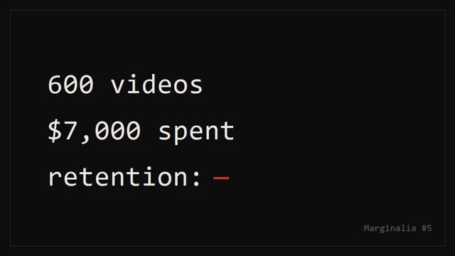 A dark cover with three stacked monospaced lines: 600 videos, $7,000 spent, retention: —
