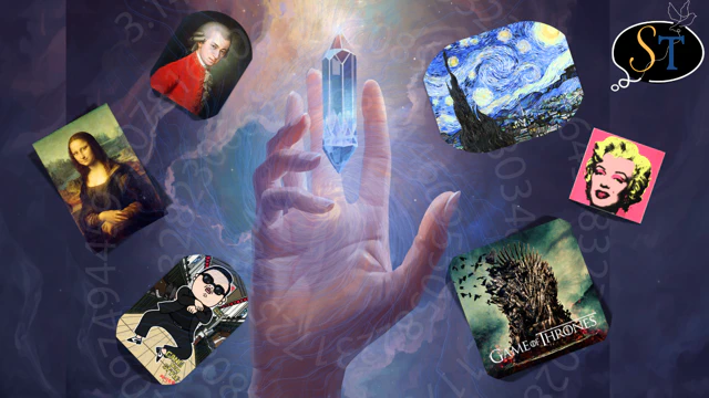 AI fake hand with crystal. Around is Mona Lisa, Mozart, Gangnam Style, Game of Thrones, which are traning for LLM