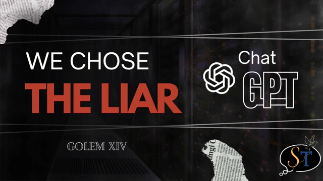 A monumental GOLEM XIV supercomputer towers over a tiny human figure. The machine's screen reads NO RESPONSE. Bold text overlay: WE CHOSE THE LIAR.